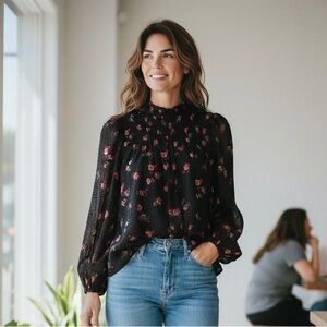 Banana Republic Black Blouse with Pink Floral Design